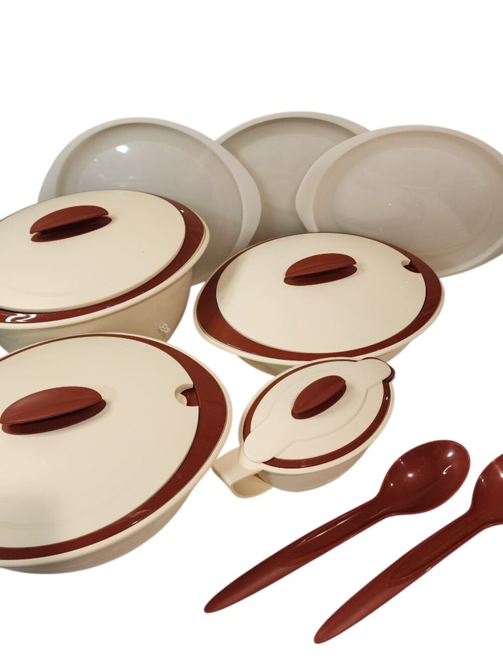 Vintage Tupperware Insulated Oval Serving Bowl Set Cream & Cinnamon 1,2,3L gravy